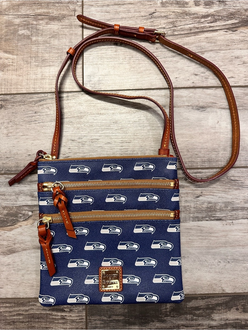 Dooney & Bourke Navy and White Logo Crossbody with Brown Trim